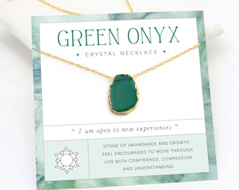 Green Crystal Necklace, Abundance Growth Necklace on Card Jewelry Gift, Onyx Gemstone Layering Choker, Raw Cut Crystal 14k Gold Filled Chain