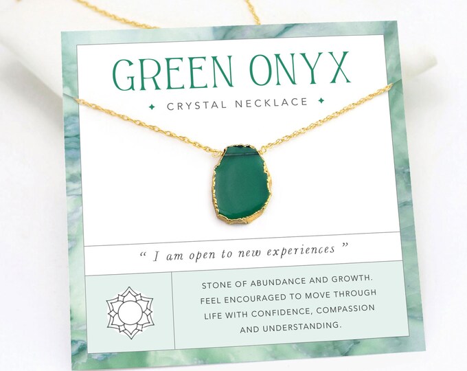 Green Crystal Necklace, Abundance Growth Necklace on Card Jewelry Gift, Onyx Gemstone Layering Choker, Raw Cut Crystal 14k Gold Filled Chain