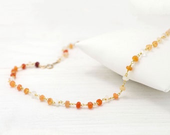 Fire Opal Necklace, Beaded Natural Gemstone Choker, Trendy October Birthstone Gift, Boho Rosary Layering Chain, Genuine  Opal Stones