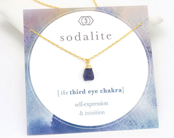 Raw Sodalite Necklace Gold, Yogi Chakra Intuition Crystal Summer Jewelry Gift, Tiny Minimalist Navy Blue Gemstone Pendant, Necklace on Card