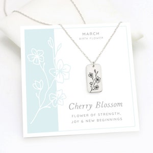 Collar con flor de cerezo, collar con flor de nacimiento en marzo, regalo de cumpleaños significativo para ella, colgante de plata, joyería floral hecha a mano