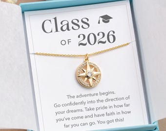 Class of 2026 Necklace, Graduation Jewelry Congratulations Gift, Follow Your Compass Necklace, Encouragement Gift from Proud Mom Parent Aunt
