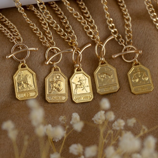 18K Gold Zodiac Sign Tag, Chunky Curb Chain Necklace Toggle, Rectangle Zodiac Pendant, Astrology Necklace, Horoscope Taurus Aries Necklace