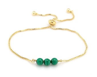 Green Malachite Bracelet, Gold Adjustable Pull Tie Bracelet,  Crystal Bolo Bracelet, Beaded Genuine Gemstones, Dainty Minimalist Gift