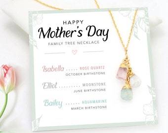 Personalized Mothers Day Card, Raw Crystal Birthstone Necklace for Mom, Special Meaningful Gift from Daughter, Family Tree Jewelry Necklace