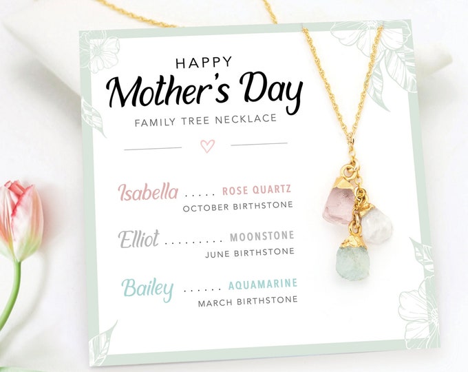 Personalized Mothers Day Card, Raw Crystal Birthstone Necklace for Mom, Special Meaningful Gift from Daughter, Family Tree Jewelry Necklace