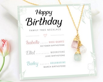 Personalized Crystal Necklace for Mom, Necklace on a Greeting Card, Raw Birthstone Necklace, Gift for Mom from Daughter, Family Tree Jewelry