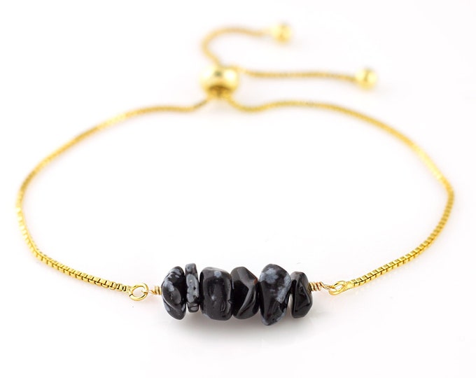 Black Obsidian Bracelet, Gold Adjustable Stacking Bolo Bracelet, Snowflake Obsidian Raw Gemstones, Protection Energy Crystal Gift Under 30