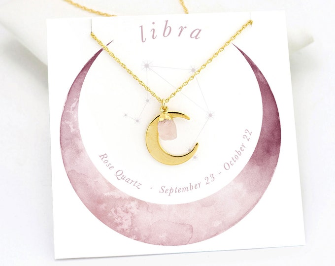 Tiny Rose Quartz Necklace, Libra Zodiac Gift,  Quartz Celestial Necklace, Crescent Moon Pink Crystal Pendant, Bridesmaid Gift Ideas