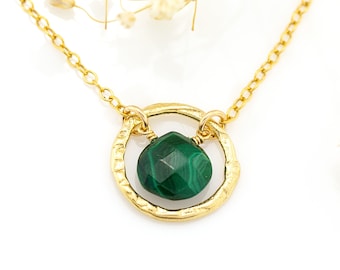 Green Malachite Gemstone Necklace, Hammered Circle Charm Pendant, Genuine Gemstone Crystal Drop, Dainty Layering Choker, Christmas Gift Idea