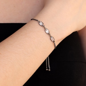 Minimalist Black Silver Bracelet, CZ Stacking Bracelet Adjustable Chain, Pull Tie Bolo Bracelet, Gift for Daughter Niece, Everyday Jewelry