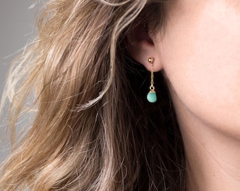 Gemstone Stud Drop Earrings, Everyday Amazonite Stacking Earrings, Gold Filled Chain Drop Studs, Strength Raw Crystal Gift, Jewelry Trends