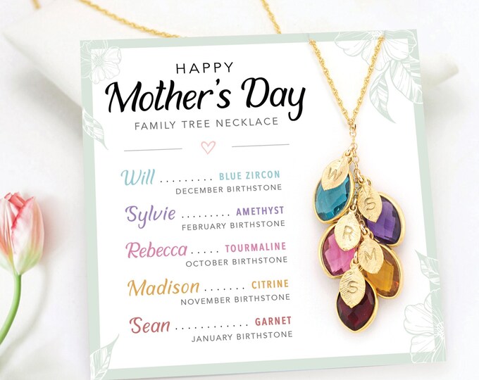 Mom Necklace Gift from Daughter, Happy Mothers Day Card Necklace From Son, Unique Personalized Gift for Mom of 5, Multi Birthstone Necklace