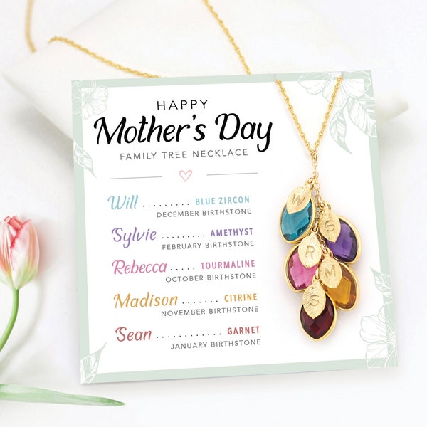 Mom Necklace Gift from Daughter, Happy Mothers Day Card Necklace From Son, Unique Personalized Gift for Mom of 5, Multi Birthstone Necklace