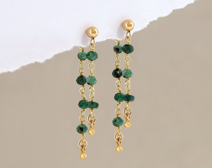 Raw Emerald Dangle Studs, Dainty Lightweight Beaded Drop Earrings, May Birthstone Jewelry Gift, Front & Back Stud Tassel, Bridesmaid Jewelry