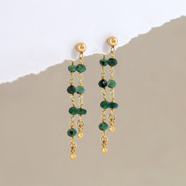 Raw Emerald Dangle Studs, Dainty Lightweight Beaded Drop Earrings, May Birthstone Jewelry Gift, Front & Back Stud Tassel, Bridesmaid Jewelry
