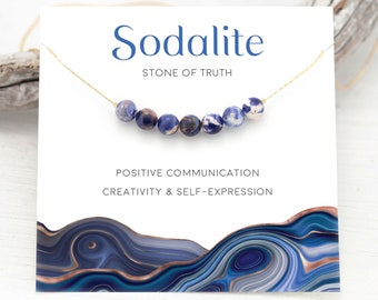 Sodalite Crystal Gemstone Gift, Throat Chakra Truth Necklace, Beaded Blue Genuine Gemstone Gold Layering Choker, Encouragement Gift for BFFs