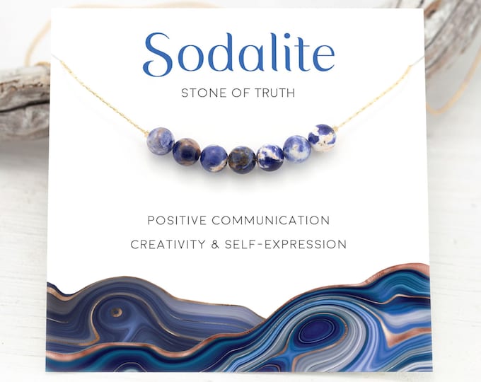 Sodalite Crystal Gemstone Gift, Throat Chakra Truth Necklace, Beaded Blue Genuine Gemstone Gold Layering Choker, Encouragement Gift for BFFs