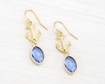 Nautical Anchor Earrings, Tanzanite December Birthstone Earrings, You Are My Anchor Family Jewelry Gift for Mom, Bezeled Stone Hook Earrings