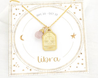 Horoscope Libra Charm Necklace, Celestial Zodiac Raw Rough Rose Quartz Crystal Constellation Birthstone Pendant, Astrology Birthday Gift