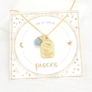 Celestial Pisces Necklace, Aquamarine Raw Crystal Charm Necklace, March Birthday Gift, Gold Zodiac Tag Layering Necklace, Everyday Jewelry