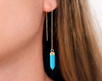 Blue Turquoise Spike Earrings, Genuine Gemstone Charm Dangle Threaders, December Birthstone Gift, Statement Chain Drop Threader Earrings