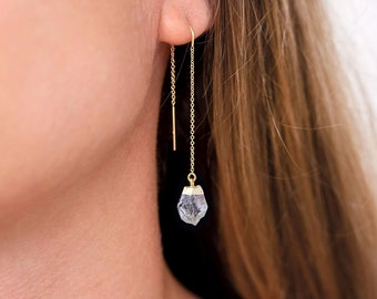 Minimalist Gold Long Raw Diamond Earrings, Herkimer Diamond Threader Earrings, Modern Bridal Earrings, Raw Crystal Dainty Dangling Drops