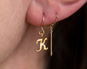 Personalized Letter Threader Earrings, Minimalist Letter earrings, Initial Long Earrings, Gold Alphabet Threader, Second hole chain earring