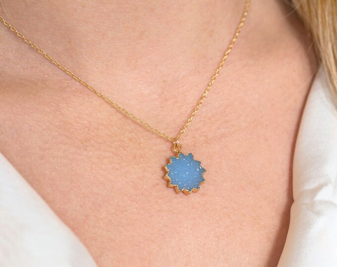 Blue Druzy Crystal Necklace, Raw Crystal Geode Sun Pendant, Something Blue Crew Gift for Mom / Bridesmaids, Unique Summer Layering Jewelry