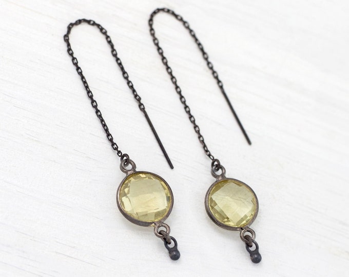 Lemon Quartz Earrings, Round Faceted Gemstone Statement Earrings, BFF Birthday Gift, Yellow Stone Threader Earrings, Long Chain Drop