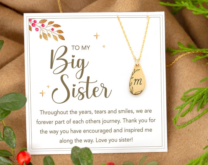 To My Big Sister Gold Personalized Custom Engraved Initial Necklace on Message Card Ready to Gift, Cute Personalized Birthday Gift under 20