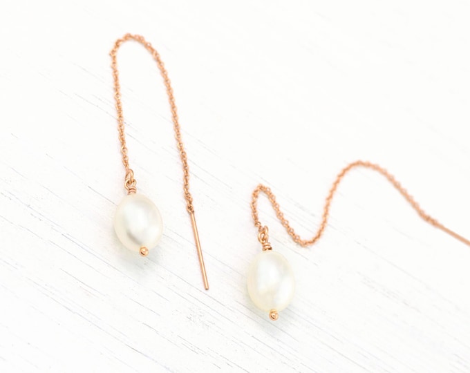 Dainty Bridal Threaders, Pearl Bridesmaid Earrings, Rose Gold Chain Drop, Simple Minimalist Earrings Gold, Freshwater Pearl Earrings Dangle