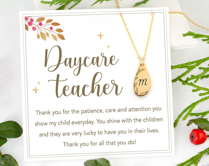 Unique Personalized Daycare Teacher Christmas Gift Necklace, Gold Engraved Custom Initial Necklace on Message Card, Gift under 20 for her