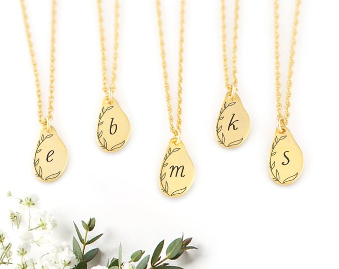 Bridesmaid Gift Necklace, Dainty Initial Necklace Gold, Floral Engraved Monogram Pendant, Wedding Party Jewelry Personalized Bridal Necklace