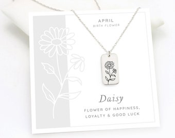 Daisy Flower Necklace, April Birth Flower Pendant, Inspirational Gift for Friend, Necklace on Card Gift, Silver Engraved Tag Necklace
