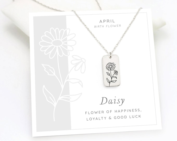 Daisy Flower Necklace, April Birth Flower Pendant, Inspirational Gift for Friend, Necklace on Card Gift, Silver Engraved Tag Necklace