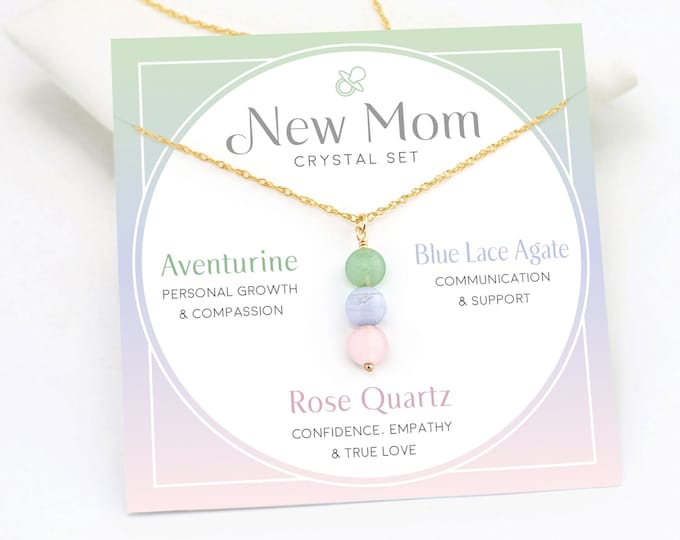 Christmas Necklace, New Mom Necklace, Push Gift, Aventurine Blue Lace Agate Rose Quartz Crystal Set Necklace, Expecting mom gift