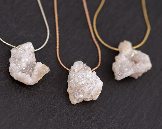 Raw Druzy Crystal Necklace, Dainty Minimalist Geode Gemstone, Boho Bridal Jewelry,  Quartz Crystal Choker Layering, Rose Gold Silver