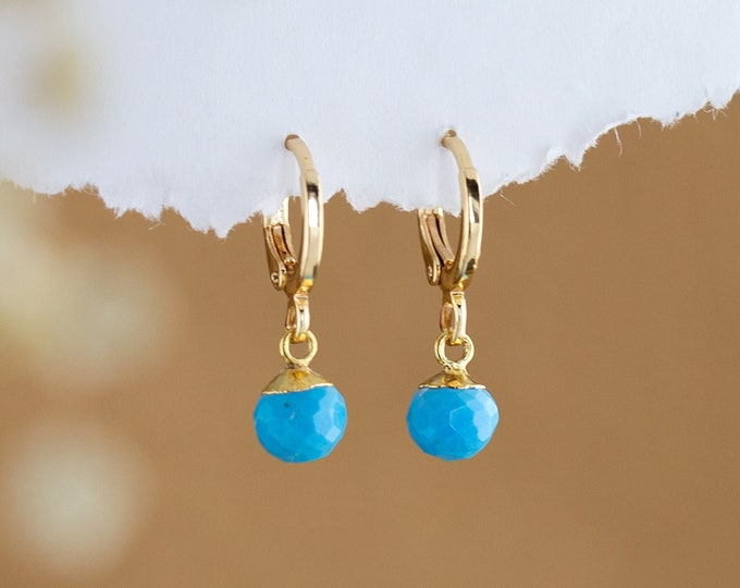 Dainty Turquoise Hoops, Everyday Huggie with Charm, Natural Gemstone Crystal Dangle Earrings, Bridesmaid Gift Under 20, 2023 Summer Jewelry