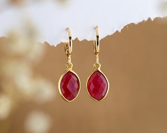 Red Ruby Huggie Hoops, July Birthstone Huggies, Tiny Hoops with Dangle Gemstone Charm, Summer Jewelry Birthday Gift for Daughter Sister BFFs
