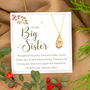 To My Big Sister Gold Personalized Custom Engraved Initial Necklace on Message Card Ready to Gift, Cute Personalized Birthday Gift under 20