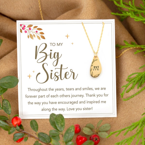 To My Big Sister Gold Personalized Custom Engraved Initial Necklace on Message Card Ready to Gift, Cute Personalized Birthday Gift under 20