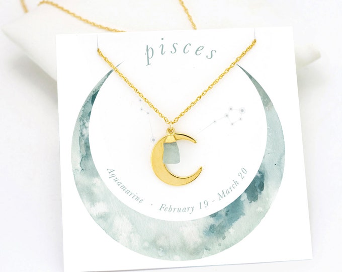 Raw Aquamarine Necklace, Dainty Moon Necklace, Pisces Jewelry, March Birthstone Necklace, Zodiac Stone Necklace, Gift Necklace, NK-N