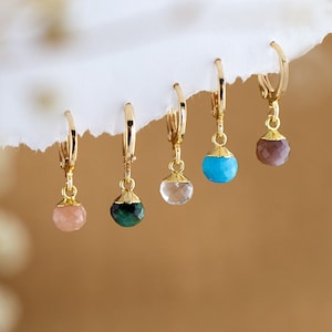 Tiny Crystal Huggie Hoops, Natural Gemstone Hoop Earrings, Gold Huggies Hoop with Charm, Everyday Dainty Small Hoops, Minimalist earrings
