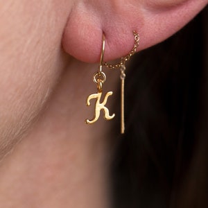 Personalized Letter Threader Earrings, Minimalist Letter earrings, Initial Long Earrings, Gold Alphabet Threader, Second hole chain earring