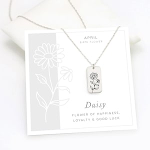 Daisy Flower Necklace, April Birth Flower Pendant, Inspirational Gift for Friend, Necklace on Card Gift, Silver Engraved Tag Necklace