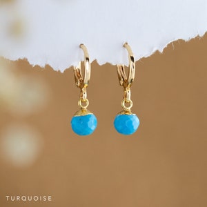 Dainty Turquoise Hoops, Everyday Huggie with Charm, Natural Gemstone Crystal Dangle Earrings, Bridesmaid Gift Under 20, 2023 Summer Jewelry
