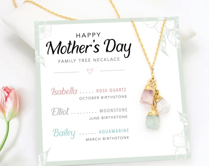 Personalized Mothers Day Card, Raw Crystal Birthstone Necklace for Mom, Special Meaningful Gift from Daughter, Family Tree Jewelry Necklace
