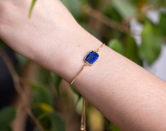 Lapis Lazuli Pull Tie Bracelet, Genuine Gem Slice Connector Bolo Bracelet, September Birthstone Gift, Dainty One Size Adjustable Stacking