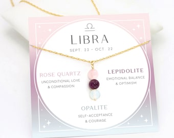 Libra Crystal Necklace, Custom Zodiac Pendant, Rose Quartz Opal Beaded Gemstone Birthstone Necklace, October Birthday Gift Horoscope Jewelry